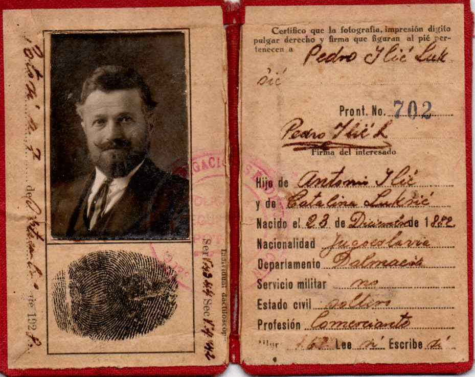 Cédula de identidad de Pedro Ilić, nacido en 1892, con fotografía, huella dactilar y la anotación «Departamento: Dalmacia»
